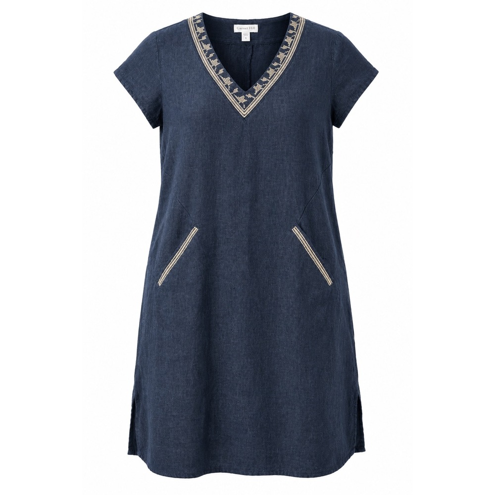 Garnet Hill 100% Linen Embroidered Pocket Dress V Neck Women 6 Navy Lagenlook